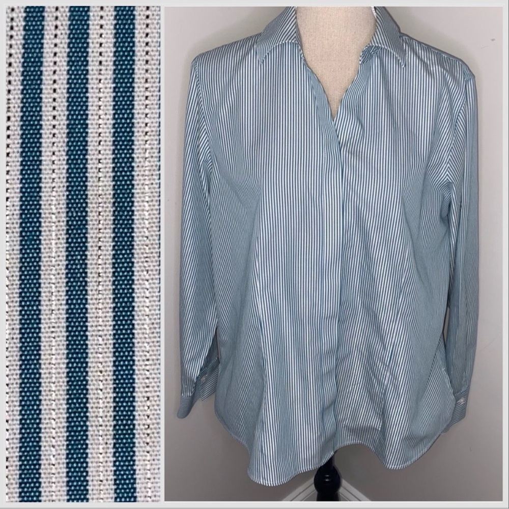 Chico’s No Iron green & silver striped blouse button front shirt size 2 Large 12